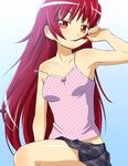  armpits camisole eating food hair_down highres long_hair mahou_shoujo_madoka_magica pocky red_hair sakura_kyouko sat-c skirt solo strap_slip 