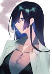  1girl a.i._voice absurdres black_hair black_vest blue_eyes blue_hair breasts brown_shirt cigarette coat collared_shirt colored_inner_hair expressionless hakumai_(vnbnvnn) highres lab_coat large_breasts long_hair looking_at_viewer looking_to_the_side mouth_hold multicolored_hair open_clothes open_coat profile shirt simple_background smoke_trail smoking solo upper_body vest white_background yogatari_tobari 
