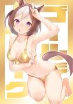  1girl animal_ears bikini breasts brown_hair cleavage gold_bikini horse_ears horse_girl horse_tail medium_breasts multicolored_hair navel open_mouth purple_eyes sakieko short_hair solo special_week_(umamusume) swimsuit tail two-tone_hair umamusume v white_hair 