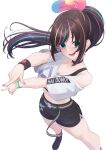  1girl absurdres aqua_eyes bare_shoulders belt black_choker black_footwear black_shorts blush breasts brown_hair choker cleavage crop_top from_above green_eyes gunknown highres kizuna_ai kizuna_ai_(a.i._games) kizuna_ai_(musician) kizuna_ai_inc. long_hair medium_breasts midriff multicolored_hair open_mouth pink_nails pointing ponytail romaji_text shirt_slip short_shorts shorts sidelocks simple_background smile solo streaked_hair swept_bangs virtual_youtuber white_background wristband zipper_shorts 