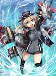 :d anchor_hair_ornament black_skirt blonde_hair blue_eyes breasts gloves hair_ornament hat kantai_collection kneehighs large_breasts leg_up long_hair long_sleeves machinery microskirt military military_uniform open_mouth peaked_cap pleated_skirt prinz_eugen_(kantai_collection) skirt smile solo tadano_magu turret twintails uniform v-shaped_eyebrows water white_gloves 