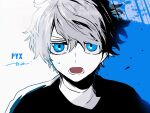  1boy blue_background blue_eyes grey_hair highres looking_at_viewer maco22 male_focus open_mouth original portrait short_hair solo sweat 