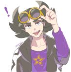  ! 1boy arm_up black_eyes bright_pupils collarbone commentary_request cosplay eyeshadow eyewear_on_head giacomo_(pokemon) guzma_(pokemon) guzma_(pokemon)_(cosplay) highres jacket looking_at_viewer makeup male_focus nyoripoke open_mouth pointy_hair pokemon pokemon_sm pokemon_sv purple_shirt shirt smile solo star_(symbol) star_print sunglasses teeth tongue tongue_out twitter_username upper_body upper_teeth_only white_background white_pupils yellow-framed_eyewear 