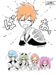 +++ 2boys 3: 3girls :d =_= ^_^ bleach bleach:_sennen_kessen-hen blue_eyes blunt_bangs blush closed_eyes closed_mouth commentary_request cropped_torso crossed_arms dokugamine_riruka embarrassed facial_mark facing_viewer frown green_hair grimmjow_jaegerjaquez hair_between_eyes happy hat heart highres inoue_orihime jitome kurosaki_ichigo light_blush long_hair looking_at_viewer lovestruck mask mask_on_head multiple_boys multiple_girls nelliel_tu_odelschwanck nose_blush open_mouth orange_hair own_hands_clasped own_hands_together parted_bangs pink_eyes pink_hair short_hair simple_background skull_mask smile sound_effects spiked_hair sweatdrop trembling twintails twitter_username upper_body v-shaped_eyebrows white_background white_hat wide-eyed wing_hair_ornament yanono_015 