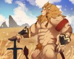  1boy abs absurdres afk_arena afk_journey animal_ears bara blue_sky brutus_(afk_arena) claws cloud cloudy_sky drawreshi english_commentary field furry furry_male grasslands highres holding holding_sword holding_weapon lion_boy lion_ears lion_mane lion_tail male_focus mountain nude pectorals penis profile sky sword tail testicles weapon 
