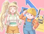  1boy 1girl blonde_hair blue_overalls bob_(bob_the_builder) bob_the_builder commentary_request crane_(machine) hard_hat hat helmet highres holding holding_wrench long_hair looking_at_viewer mechanic minamoto_(genyayamjp) open_mouth orange_hat overalls simple_background smile toon_(style) wrench 