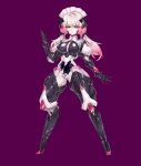  1girl absurdres blue_eyes bodysuit breasts covered_nipples digitigrade exoskeleton full_body highres jian_xuanyuan large_breasts latex long_hair looking_at_viewer low_twintails mask mecha_musume mechanical_arms mechanical_legs mouth_mask original pink_hair purple_background second-party_source shiny_clothes skin_tight solo standing stealth_bondage twintails variant_set 
