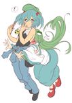  bare_shoulders blue_eyes blue_hair blush breasts closed_eyes clothes_around_waist detached_sleeves dress frog_hair_ornament full-face_blush green_hair hair_bobbles hair_ornament hair_tubes highres kawashiro_nitori kochiya_sanae long_hair looking_at_viewer mary_janes medium_breasts multiple_girls outstretched_arms pants screwdriver shirt shirt_around_waist shirukuma shoes short_hair simple_background skirt skirt_set snake_hair_ornament surprised tank_top touhou towel towel_around_neck tripping two_side_up very_long_hair white_background 