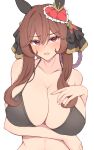  1girl absurdres alternate_costume animal_ears arm_under_breasts bare_shoulders bikini black_bikini blush braided_hair_rings breasts brown_hair cleavage collarbone commentary_request ear_covers ear_ornament gentildonna_(umamusume) hair_between_eyes hair_ornament hand_on_own_chest highres himuraanzu horse_ears horse_girl large_breasts long_hair looking_at_viewer open_mouth red_eyes solo swimsuit textless_version umamusume upper_body 