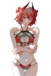  1girl absurdres arknights bare_shoulders bikini breasts cleavage crossed_arms feather_hair_ornament feathers fiammetta_(arknights) hair_ornament highres large_breasts looking_at_viewer monmon_(sleepymonmon) navel red_eyes red_hair short_hair simple_background solo swimsuit white_background 