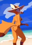 anthro beach bikini breasts butt canid canine clothing eyewear female fox fur glasses glistening glistening_butt hat headgear headwear hi_res kemokin_mania looking_back mammal medium_breasts orange_bikini orange_body orange_clothing orange_fur orange_swimwear red_fox rey_(animatedmau) round_glasses signature solo swimwear tail true_fox