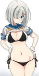  bikini black_bikini blue_eyes blush bob_cut breasts bursting_breasts cleavage downscaled gloves hair_ornament hamakaze_(kantai_collection) hands_on_hips highres ichi-jirushi jpeg_artifacts kantai_collection large_breasts md5_mismatch navel oekaki open_mouth resized school_uniform serafuku shirt_lift short_hair side-tie_bottom silver_hair simple_background solo swimsuit white_background 