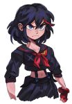  1girl absurdres black_hair black_skirt blue_eyes closed_mouth crop_top fingerless_gloves gloves guggy_(guirgaleo) highres kill_la_kill looking_at_viewer matoi_ryuuko multicolored_hair navel neckerchief pleated_skirt red_gloves red_hair red_neckerchief short_hair simple_background skirt solo streaked_hair upper_body white_background 