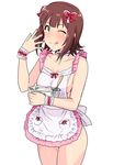  ;q amami_haruka apron blush breasts brown_hair choker frills green_eyes heart highres idolmaster idolmaster_(classic) licking_lips looking_at_viewer medium_breasts mixing_bowl naked_apron one_eye_closed short_hair smile solo tongue tongue_out tsurui whisk wrist_cuffs 