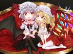  2boys bat_wings black_pantyhose black_ribbon blonde_hair couch crossed_legs crystal_wings flandre_scarlet full_body grey_hair hat hat_ribbon kanta_(pixiv9296614) mob_cap multiple_boys neck_ribbon on_couch open_mouth pantyhose pointy_ears puffy_short_sleeves puffy_sleeves red_ribbon remilia_scarlet ribbon short_sleeves side_ponytail sitting thighhighs touhou wariza white_thighhighs wings 