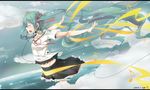  aqua_hair artist_name bass_clef beamed_eighth_notes closed_eyes cloud cloudy_sky dated day earbuds earphones eighth_note flat_sign flying frilled_skirt frills hair_ribbon half_note hatsune_miku long_hair musical_note navel ribbon ripe.c sekiranun_graffiti_(vocaloid) skirt sky solo twintails very_long_hair vocaloid 