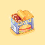  666 artist_name barcode charongess english_commentary food mimic no_humans original simple_background solo spam_(food) sparkle yellow_background 