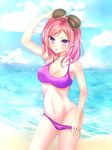  :d arm_up bad_id bad_pixiv_id beach bikini bikini_pull blue_sky breasts cleavage cloud day eyewear_on_head highres john_117 love_live! love_live!_school_idol_project medium_breasts nishikino_maki ocean open_mouth outdoors pink_hair purple_bikini purple_eyes sand short_hair sky smile sunglasses swimsuit 