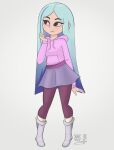  1girl andrea_davenport blue_hair boots brown_eyes colored_eyelashes freckles full_body light_blue_hair long_hair multicolored_hair purple_footwear purple_sweater smile solo streaked_hair sweater the_ghost_and_molly_mcgee user_cxfn3824 