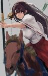  1girl akagi_(kancolle) arrow_(projectile) artist_logo black_hair bow_(weapon) brown_eyes cowboy_shot grey_background hakama haruto_(harut_n) horse japanese_clothes kantai_collection kimono long_hair one-hour_drawing_challenge red_hakama riding simple_background weapon white_kimono 