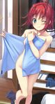  ;) antenna_hair bare_shoulders blue_eyes blush closed_mouth closet collarbone crease drawer gin_(ginshari) highres hinata_kyouko joshi_mote_na_imouto_to_junan_na_ore jpeg_artifacts looking_at_viewer naked_towel non-web_source one_eye_closed red_hair shiny shiny_skin smile solo standing standing_on_one_leg towel wet wet_hair 