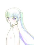  blue_eyes blush choker collarbone commentary_request eyelashes from_side lips long_hair looking_at_viewer male_focus mamichi nipples otoko_no_ko parted_lips simple_background solo twintails white_background 