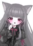  1girl animal_ears black_dress cat_ears cat_girl dress grey_hair hand_up highres long_hair long_sleeves looking_at_viewer neck_ribbon open_mouth original red_eyes ribbon shiona_(siona0625) simple_background solo straight_hair upper_body white_background 