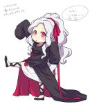  1girl :o arm_up azami_(kagerou_project) azami_(kagerou_project)_(cosplay) black_coat black_footwear black_ribbon blush chibi chiyozaka coat cosplay dress eyelashes from_side full_body grey_hair hair_ribbon kagerou_project kozakura_shion leg_lift leg_ribbon long_hair long_sleeves looking_at_viewer looking_to_the_side oversized_clothes parted_bangs pink_eyes ponytail red_ribbon ribbon shoes simple_background sleeves_past_fingers sleeves_past_wrists solo standing standing_on_one_leg white_background white_dress 