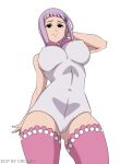  1girl absurdres arm_behind_head artist_request ass_visible_through_thighs black_eyes blunt_bangs breasts cameltoe covered_navel covered_nipples curvy from_below highres large_breasts leotard long_hair looking_at_viewer looking_down melascula nanatsu_no_taizai official_art pink_thighhighs purple_hair smile smug solo thighhighs white_background 