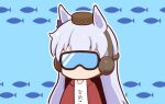  1girl animal_ears blue_background bow brown_hat chibi clothes_writing diving_mask ear_bow ear_covers facing_viewer goggles gold_ship_(umamusume) gomashio_(goma_feet) grey_hair hat horse_ears jacket long_hair mini_hat open_clothes open_jacket outline purple_bow red_jacket shirt simple_background solo umamusume white_outline white_shirt 