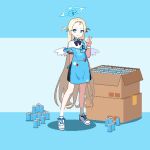  absurdres apron blue_apron blue_archive box can cardboard_box convenience_store drink_can forehead halo highres mini_wings part_time_job pixel_art polo_shirt shop solo sora_(blue_archive) store_clerk v white_halo white_wings whitte_komett wings 