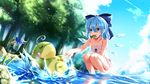 bikini blue_eyes blue_hair bow cirno clothesline cloud daiyousei day drying drying_clothes dutch_angle food food_in_mouth gen_2_pokemon green_hair hair_bow highres ice_cream mouth_hold multiple_girls outdoors pokemon pokemon_(creature) politoed popsicle short_hair sky sleeping squatting summer swimsuit tendo_(zhazhatiantong) touhou tree water watermelon_bar wet 