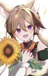  1girl animal_ear_fluff animal_ears arknights bare_shoulders blurry blurry_foreground blush brown_hair cardigan_(arknights) cardigan_(sunny_day)_(arknights) commentary deyuaru dog_ears dog_girl flower green_hat hat highres holding holding_flower jacket looking_at_viewer multicolored_hair open_mouth purple_eyes scarf smile solo streaked_hair sunflower suspenders twintails white_jacket yellow_scarf 