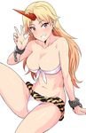  animal_print bandeau blonde_hair breasts cleavage collarbone cuffs earrings fundoshi grin highres horn hoshiguma_yuugi japanese_clothes jewelry large_breasts long_hair navel oni red_eyes shackles sitting smile solo strapless tiger_print touhou tsurui very_long_hair 