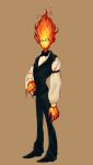 2016 anthro biped bottomwear bow_tie clothed clothing colored digital_media_(artwork) dress_shirt elemental_creature elemental_humanoid eyewear fire fire_creature fire_humanoid full-length_portrait glasses glasses_on_face grillby hi_res humanoid looking_at_viewer male mouthless noseless not_furry pants piippujalka portrait shirt simple_background slacks solo standing topwear towel undertale undertale_(series) vest
