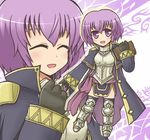  armor armored_boots armored_dress book boots breastplate chibi cloak closed_eyes fire_emblem fire_emblem:_kakusei fire_emblem:_shin_monshou_no_nazo holding holding_book katarina_(fire_emblem) multiple_views projected_inset purple_background purple_eyes purple_hair reverse_(bluefencer) short_hair smile thighhighs 