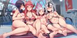  5girls abubu animal_ear_fluff animal_ears aru_(blue_archive) ass barefoot bikini black_choker black_hair black_horns blue_archive blue_eyes blue_halo blush breasts choker closed_mouth collarbone demon_horns feet grey_hair hair_between_eyes hair_ornament hairclip halo haruka_(blue_archive) highres horns indoors kayoko_(blue_archive) large_breasts long_hair looking_at_viewer multicolored_hair multiple_girls mutsuki_(blue_archive) navel nipples orange_halo pointy_ears pool pool_ladder poolside problem_solver_68_(blue_archive) purple_eyes purple_halo pussy red_eyes rei_no_pool shiroko_(blue_archive) side_ponytail small_breasts smile soles swimsuit toes two-tone_hair white_hair wolf_ears 