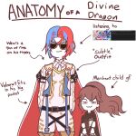  1boy 1girl :3 absurdres alear_(fire_emblem) alear_(male)_(fire_emblem) anatomy_of_a_gamer_(meme) anna_(fire_emblem) arms_behind_back blue_hair cape closed_mouth crossed_bangs dress english_commentary english_text enigmaticexalt fire_emblem fire_emblem_engage highres long_hair looking_at_viewer meme multicolored_hair ponytail red_cape red_hair short_hair smile sunglasses two-tone_hair white_background 