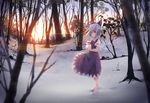  barefoot blue_eyes blue_hair bow cirno dress forest full_body hair_bow highres holding ice ice_wings nature neck_ribbon outdoors ribbon short_hair short_sleeves snow snowman solo standing sun touhou toutenkou tree wind wings winter 