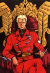 1990s_(style) 1boy absurdres bad_end belt blonde_hair char&#039;s_counterattack char_aznable english_commentary gundam highres insignia looking_at_viewer medal mikimoto_haruhiko military military_uniform mullet neo_zeon retro_artstyle scan science_fiction throne traditional_media uniform 