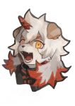  1boy arknights buchi0122 colored_tips commentary fangs furry furry_male head_only highres horns hung_(arknights) komainu_boy komainu_ears komainu_tail looking_at_viewer male_focus multicolored_hair open_mouth orange_eyes single_horn white_background 