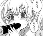  blush eating food greyscale headphones makizushi monochrome nitroplus nori_(seaweed) open_mouth sexually_suggestive short_hair solo super_pochaco sushi tsuji_santa twintails 