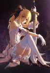  achyue ahoge artoria_pendragon_(all) blonde_hair bow caliburn detached_sleeves dress fate/stay_night fate/unlimited_codes fate_(series) flower frills gloves green_eyes hair_bow hand_on_hilt high_heels long_hair looking_at_viewer md5_mismatch night planted_sword planted_weapon ponytail revision saber saber_lily sitting solo star_(sky) sword thighhighs type-moon weapon white_gloves white_legwear 