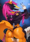 anthro blue_eyes butt canid canine city claws clothing exoskeleton female fluffy fox fur hair hi_res jacket liloli_(artist) machine mammal mecha night night_city orange_body orange_fur pink_hair pinup pose ribbons simple_background smile solo tape teeth topwear white_body white_fur wide_hips