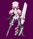  1girl absurdres arms_behind_back ass bodysuit bound bound_arms bound_legs breasts cannon digitigrade exoskeleton from_behind full_body highres jian_xuanyuan large_breasts latex long_hair low_twintails mecha_musume mechanical_arms mechanical_legs original pink_hair purple_background reverse_prayer second-party_source shiny_clothes skin_tight solo standing stealth_bondage twintails variant_set 