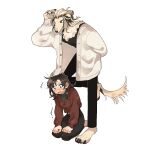  1boy 1girl animal_ears animal_feet black_pants black_shirt blonde_hair blue_eyes body_fur brown_eyes brown_fur brown_hair commentary_request dog_boy dog_ears dog_tail fingernails full_body furry furry_male green_shirt hair_bun hand_up hands_on_own_knees highres long_sleeves looking_at_another multicolored_hair open_mouth original pants rata_(norahasu) sharp_fingernails shirt simple_background sitting standing standing_on_one_leg streaked_hair sweat sweater tail wariza white_background 