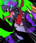  bandana_around_neck black_vest blue_eyes blue_hair colored_skin cropped_vest digimon digimon_liberator dragon green_background highres mohawk purple_skin ridgeone sharp_teeth solo teeth vest 