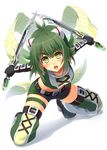  belt black_gloves breasts cu-no dual_wielding eyebrows eyebrows_visible_through_hair fighting_stance gloves green_eyes green_hair green_legwear hisenkaede holding holding_sword holding_weapon medium_breasts nonono_futaba original shawl short_shorts shorts simple_background solo sword thighhighs weapon white_background 