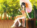  bench black_hair breasts chinese_clothes cleavage date_a_live heterochromia high_heels highres john_117 legs low_twintails medium_breasts no_socks parasol red_eyes side_slit sitting smile tokisaki_kurumi twintails umbrella yellow_eyes 