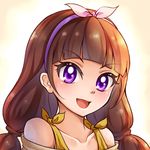  amanogawa_kirara bangs blunt_bangs blush brown_hair go!_princess_precure hairband kanichiri long_hair looking_at_viewer low_twintails off_shoulder precure purple_eyes purple_hairband smile solo twintails 